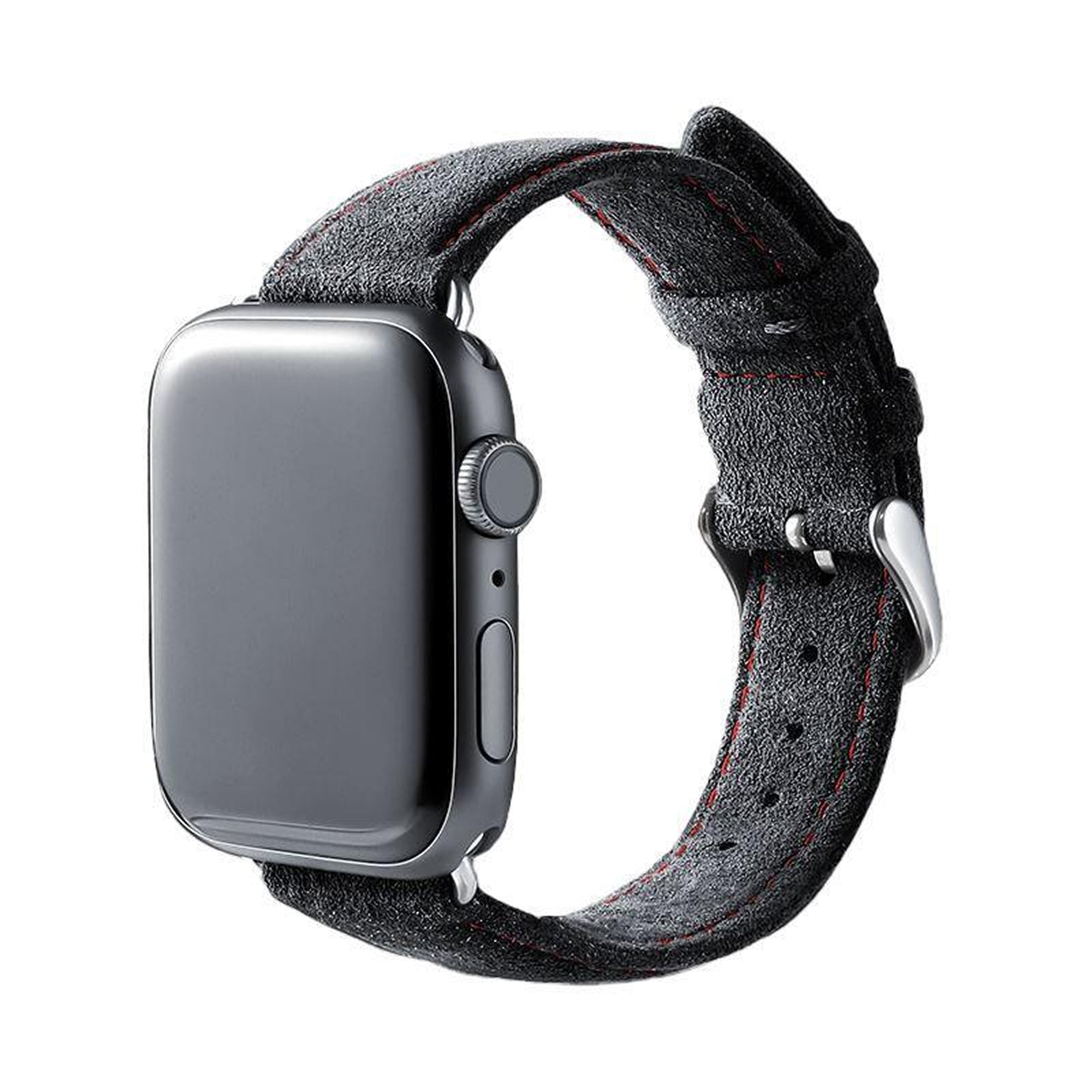 Alcantara Apple Watch Band With Buckle - Space Grey With Red Stitching - 42/44/45/46mm & Ultra (49mm) - Alcanside