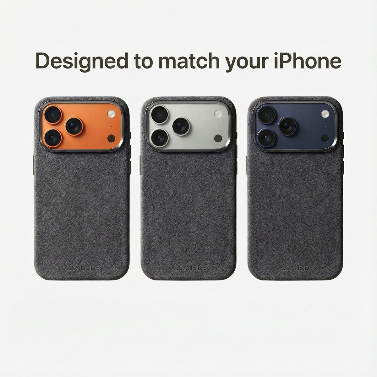 Alcanside Alcantara iPhone 17 Pro Max case with integrated metal button covers