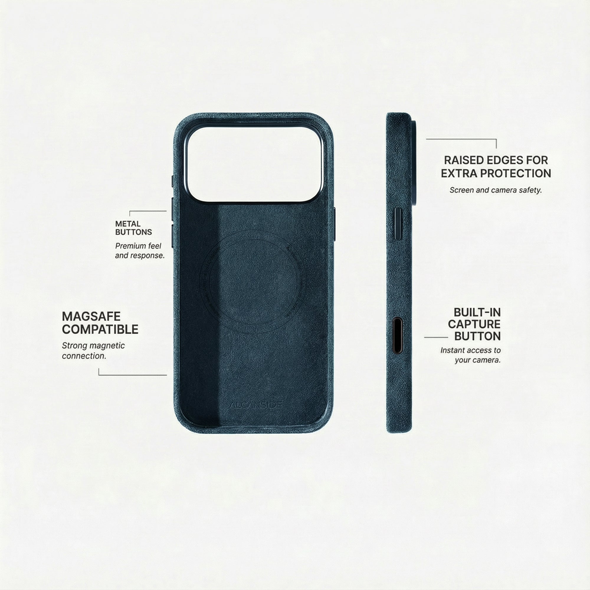 Alcantara iPhone 18 Pro case with MagSafe and metal buttons