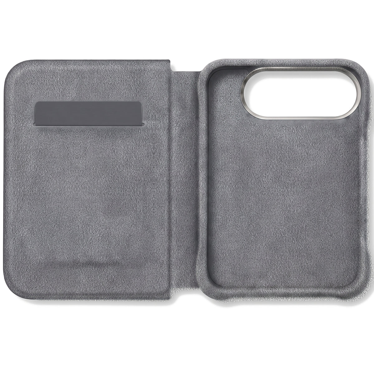 Nardo Gray Alcantara folio case for iPhone Duo, opened with the card slot
